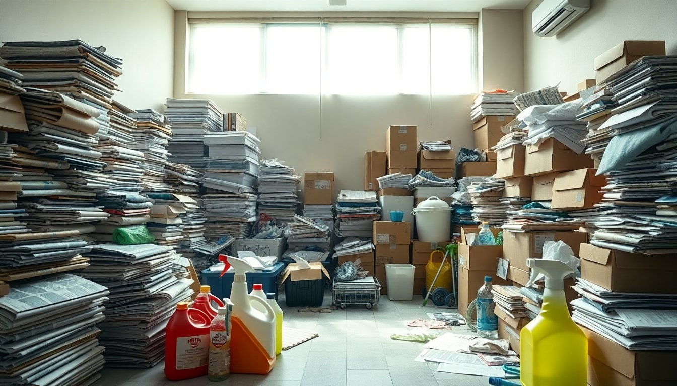 Person researching hoarder cleanout companies on laptop with cleaning supplies and checklist nearby