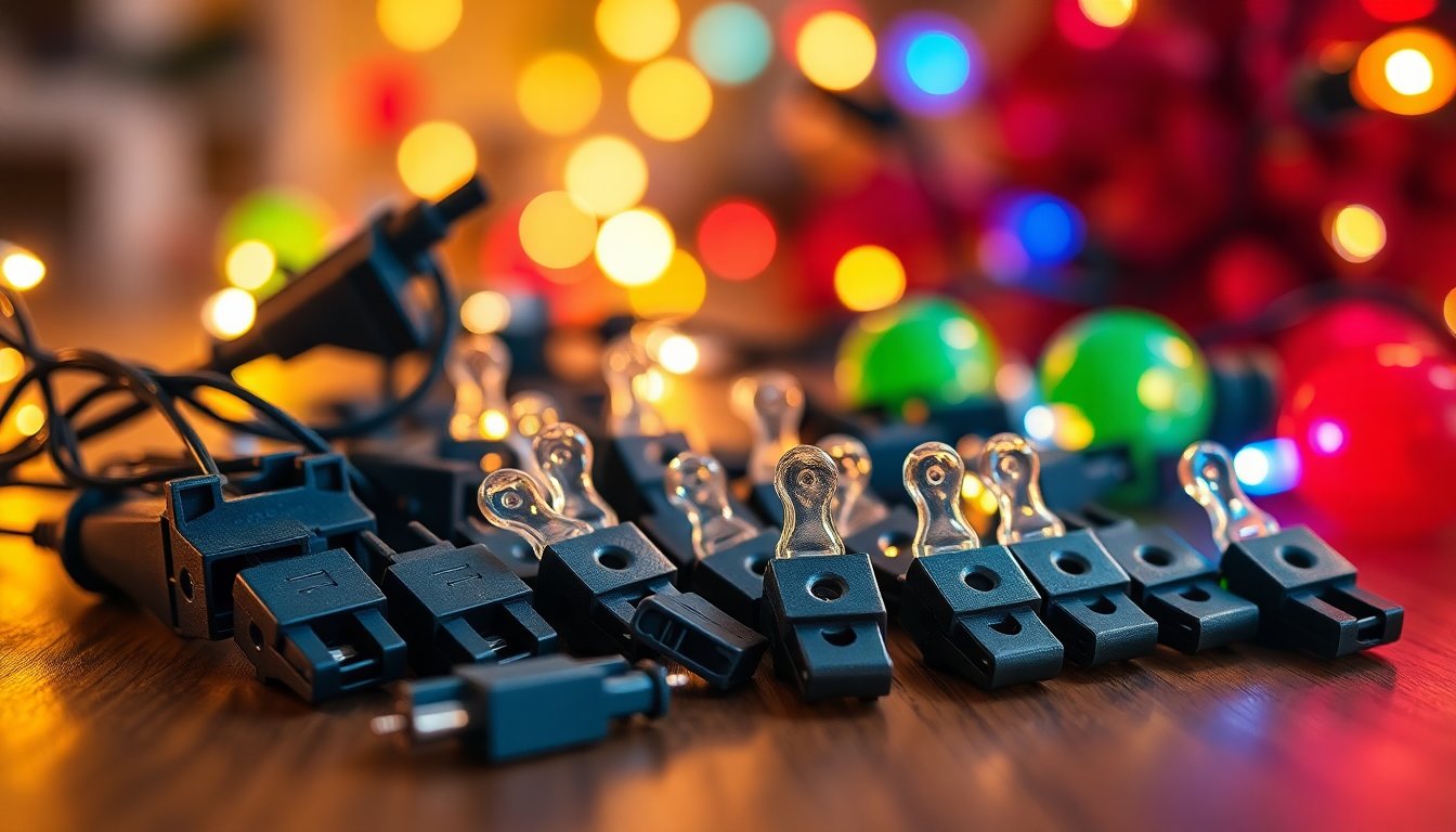 Comparison chart of Christmas light clips for various bulb types including C7, C9, mini, and icicle lights on a roofline.