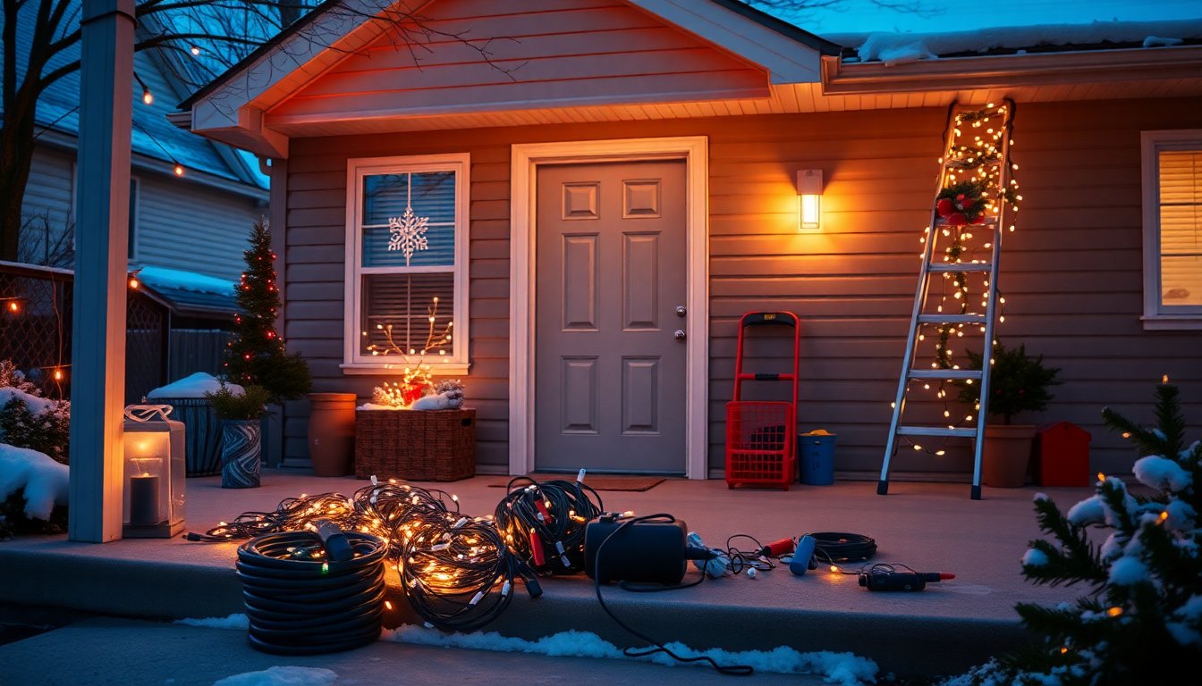Prepare Home For Christmas Light Installation (Easy Guide) 2 Christmas light installation supplies including string lights, clips, extension cords, ladder, and timer laid out for holiday decorating.