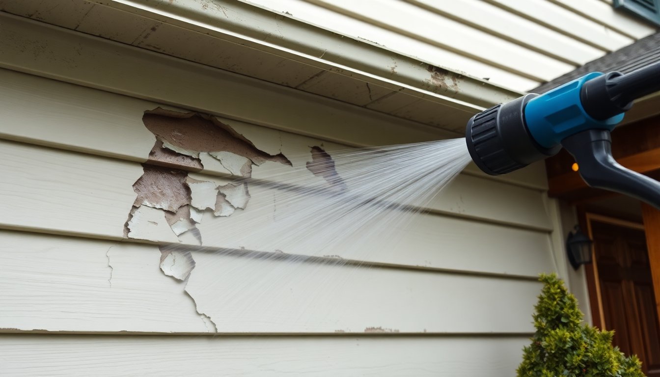 Homeowner measuring incorrect roof angle causing potential exterior damage to house siding and gutters