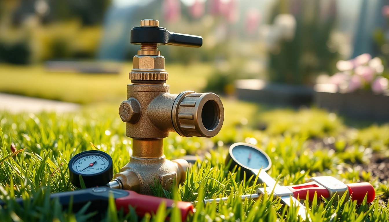 Backflow preventer testing tools and equipment including test kit gauges, valves, and fittings laid out for inspection