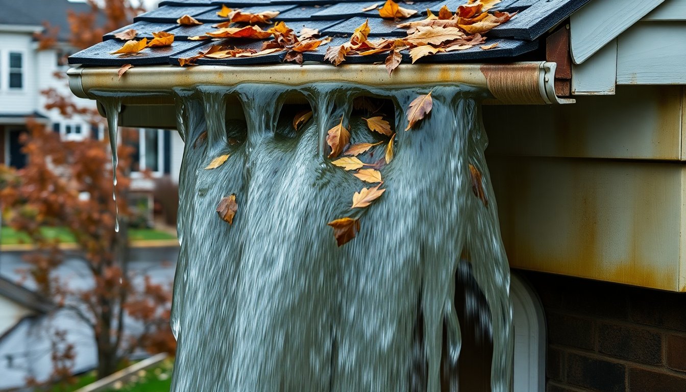 What Is Most Common Problem With Gutters? (Solutions & Prevention) 4 Clogged gutters overflowing with water causing foundation damage and roof problems to residential home