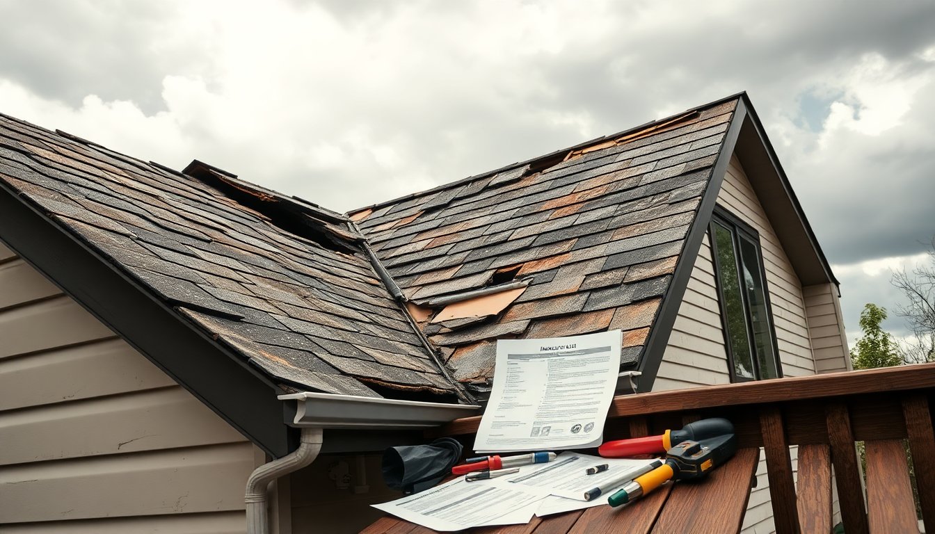 Homeowners examining damaged roof with insurance claim denial paperwork showing exclusions for wear, maintenance, and weather damage