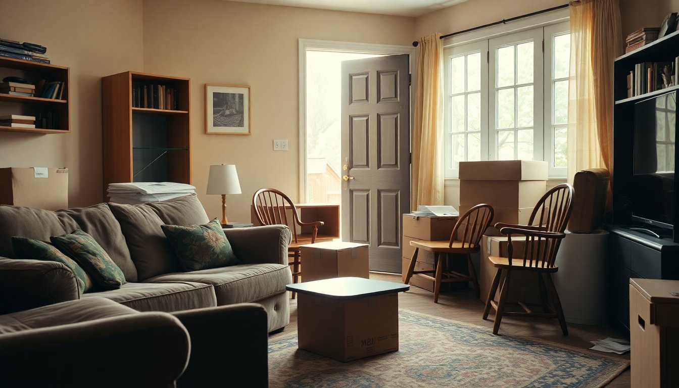 Various pieces of used furniture including a sofa, chairs, and tables ready for removal and donation.