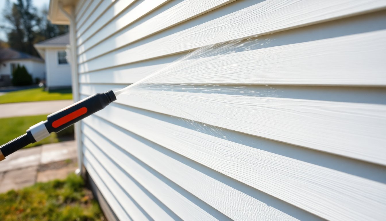 Person safely pressure washing white vinyl siding on house exterior with proper equipment and technique