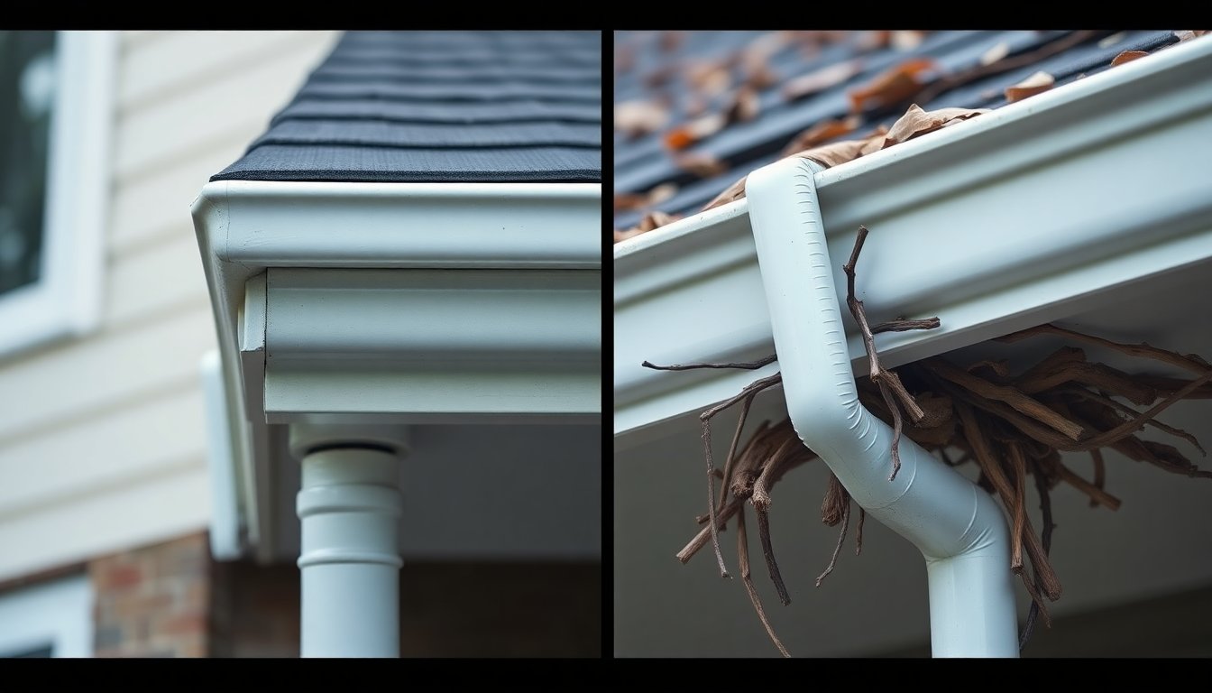 Is Professional Gutter Cleaning Worth It? (Cost & Benefits) 2 Professional gutter cleaning service worker on ladder cleaning residential home gutters with cost estimate overlay