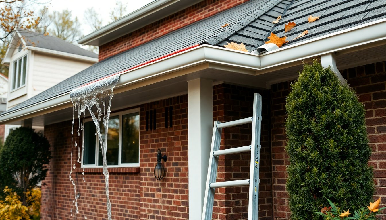 Professional gutter cleaning service removing debris and leaves from residential home gutters to prevent water damage and maintain proper drainage