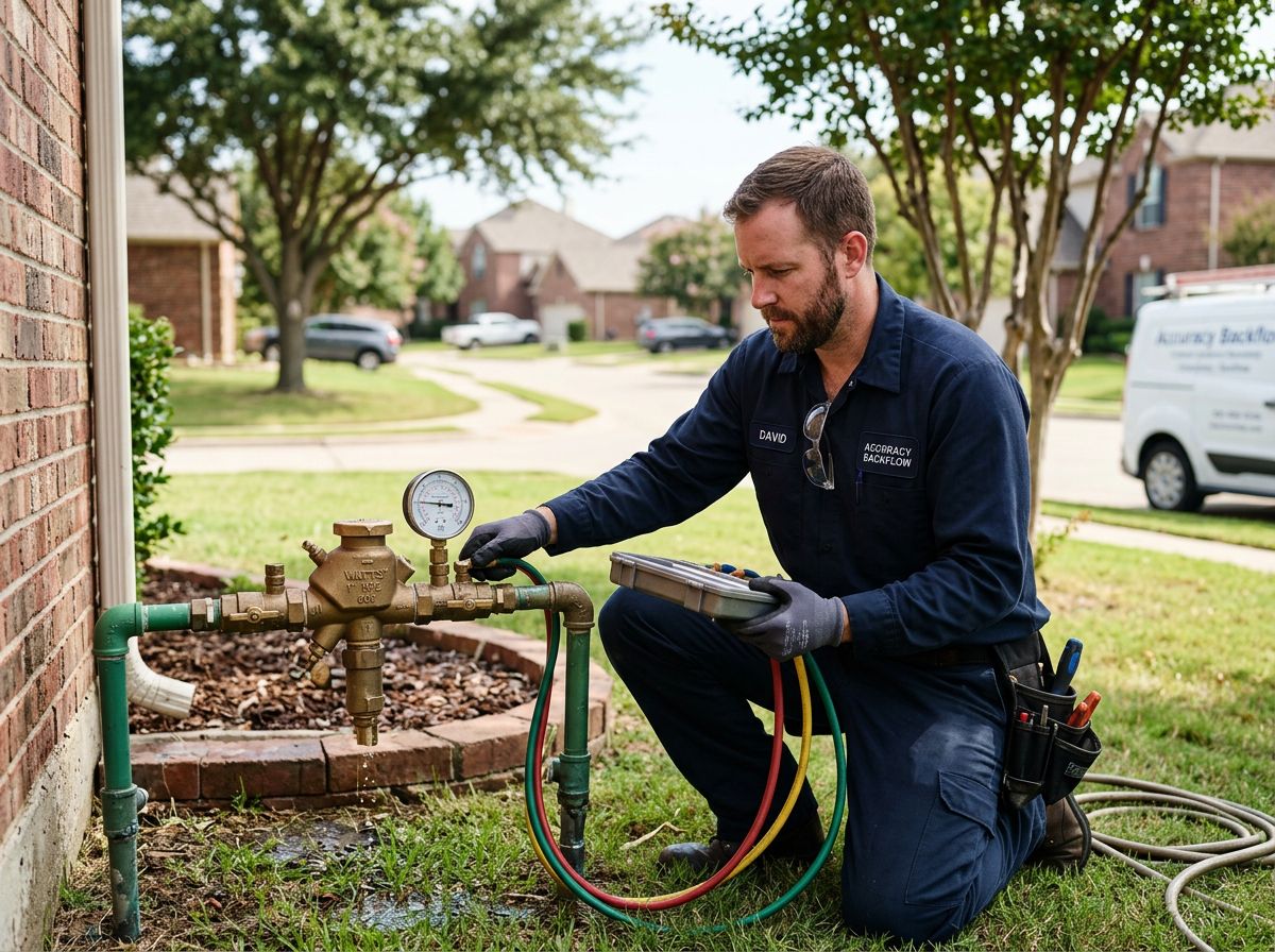 Accuracy Backflow technician performing Backflow Testing at a property in McKinney
